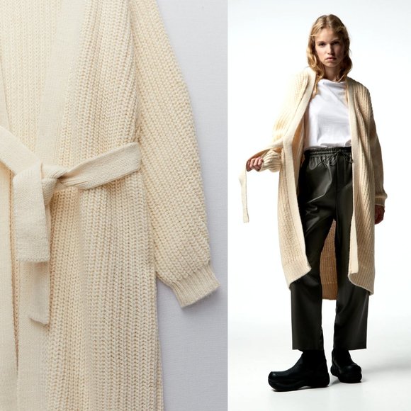 NEW Zara Long Wrap Front Sweater Cozy Warm Knit Oversize Cardigan Butter Cream M - Picture 7 of 8
